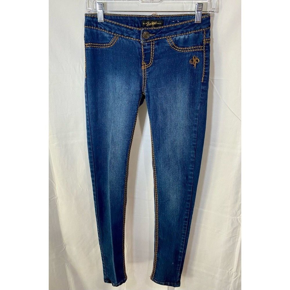 South Pole Pants Women 1 Blue Denim Slim Skinny Pockets Embroidered‎ 26x28.